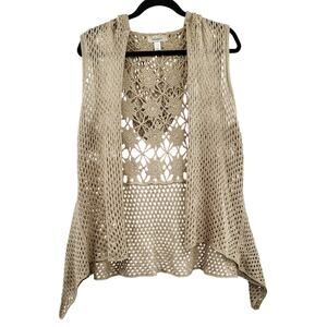 dressbarn Tan Boho Crochet Knit Hood Sleeveless Cardigan Women's Plus Size 18/20